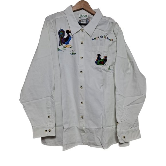 Quacker Factory Shirt Woman Size 3X Embroidere Rooster Colorful Button Up Pocket - Picture 1 of 11